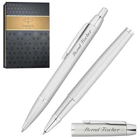 PARKER Schreibset IM Silber C.C. mit persönlicher Laser-Gravur Tintenroller und Kugelschreiber im Geschenk-Etui