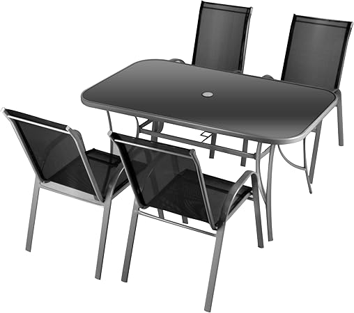 Amazon De Nexos 5 Teiliges Gartenmobel Set Gartengarnitur Sitzgruppe Sitzgarnitur Aus Stapelstuhlen Esstisch Aluminium Kunststoff Glas Schwarz Grau