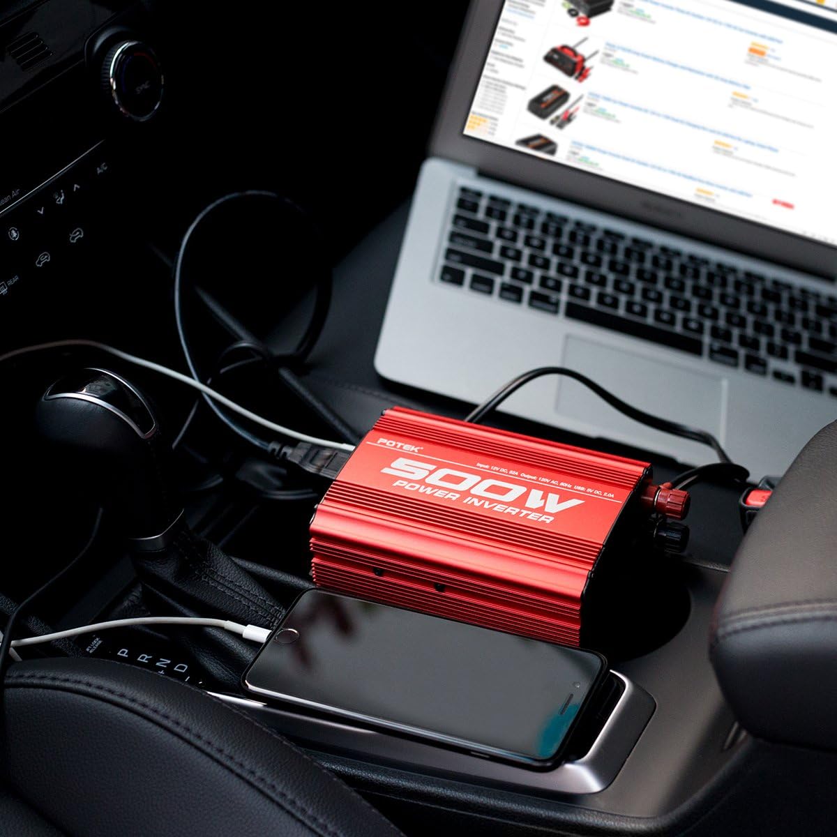 POTEK 500W Car Power Inverter DC 12V to AC 110V with 2AC outlets and 2A USB Port: Car Electronics