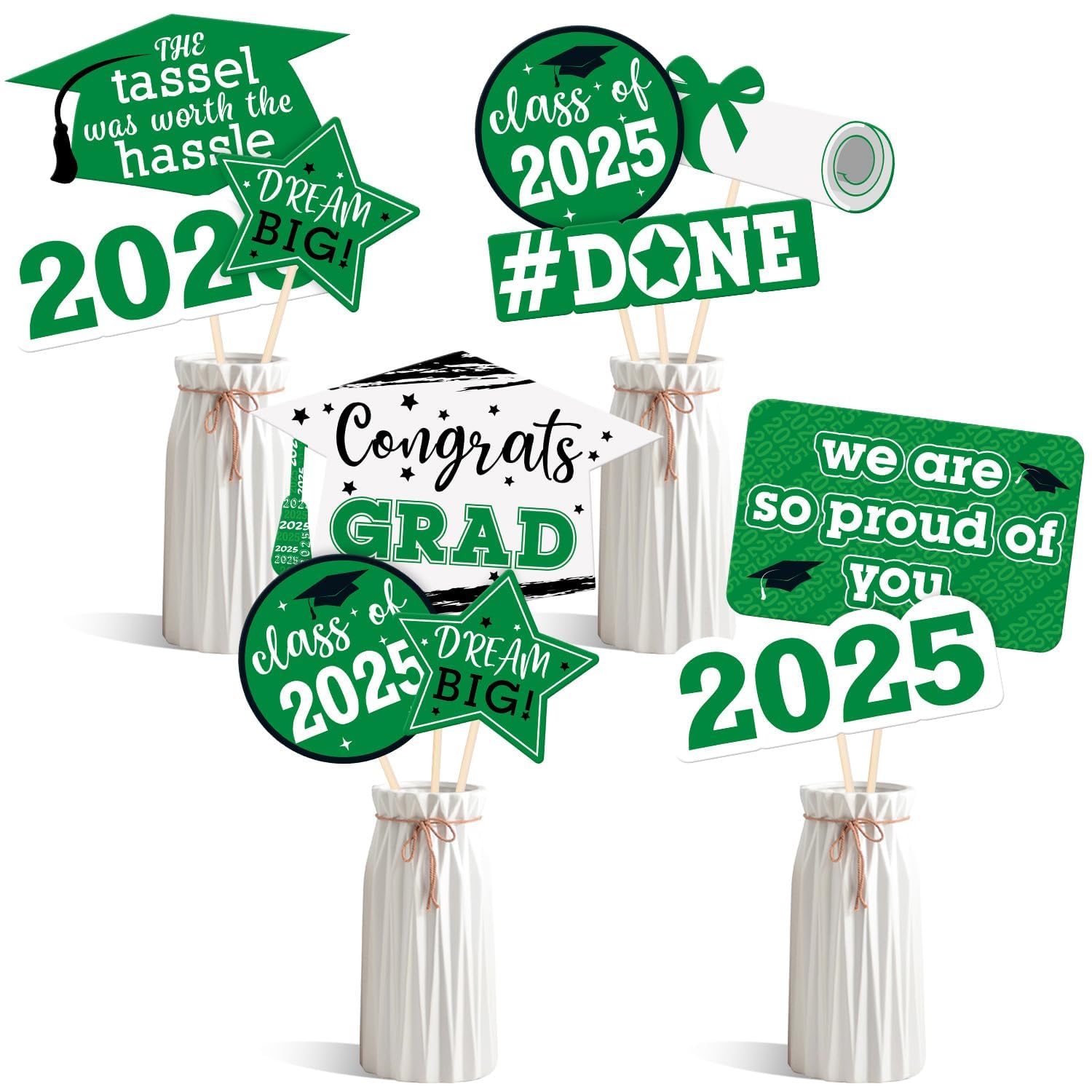 Photo 1 of 2025 Graduation Table Decorations 24Pcs Green Graduation Centerpieces Sticks Table Toppers Congrats Grad Party Decoration Supplies