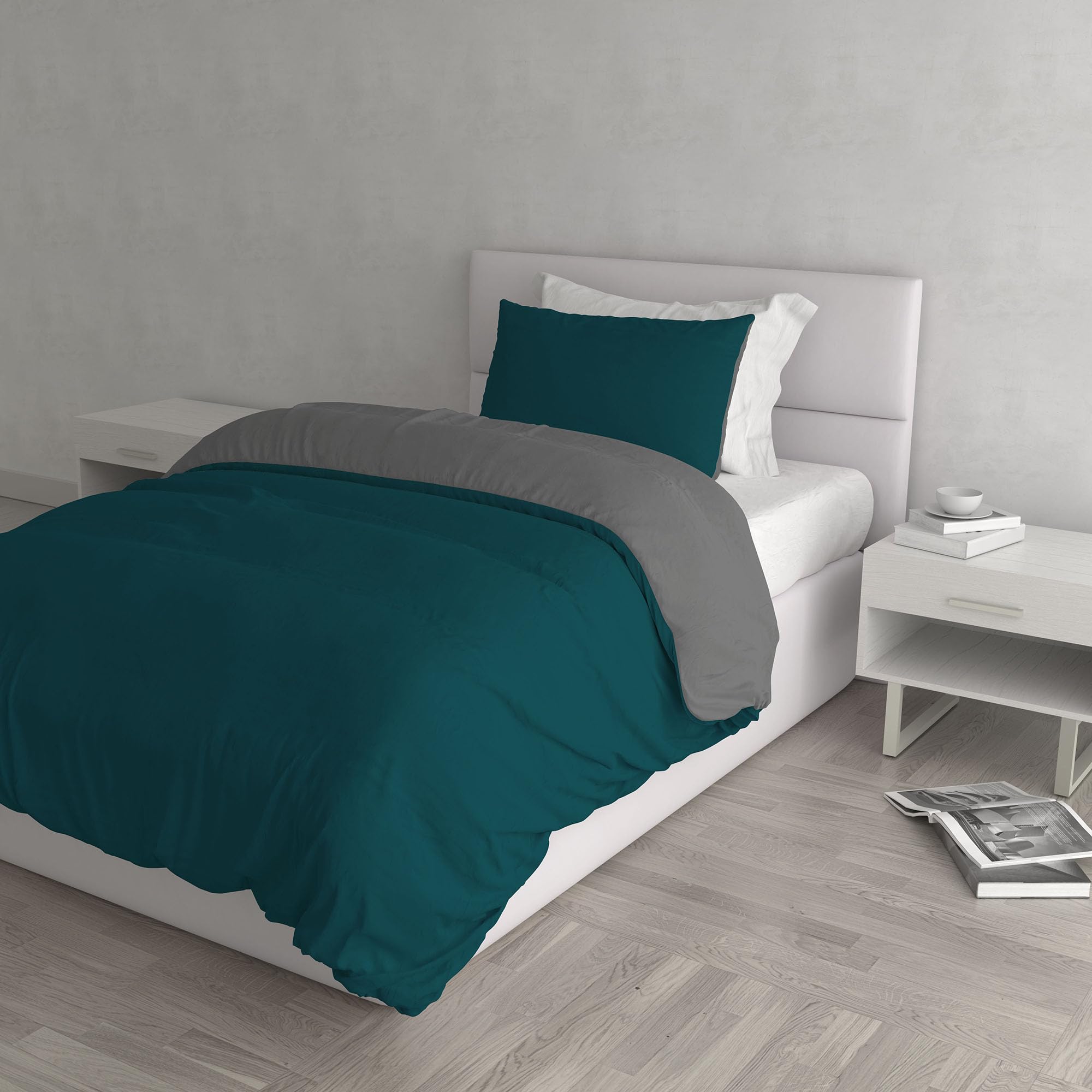 Natural Colour Duvet Cover Set, Petrol green/Smoky gray, Small double