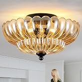 Semi Flush Mount Ceiling Light, Amber Glass Ceiling Light Fixture, 3-Bulb Modern Black Close to Ceiling Light, Vintage Glass Ceiling Lights for Bedroom Kitchen Living Room, Bulb Not Included