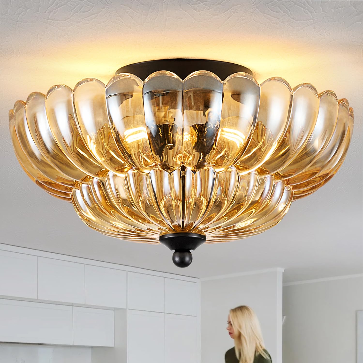 Semi Flush Mount Ceiling Light, Amber Glass Ceiling Light Fixture, 3-Bulb Modern Black Close to Ceil