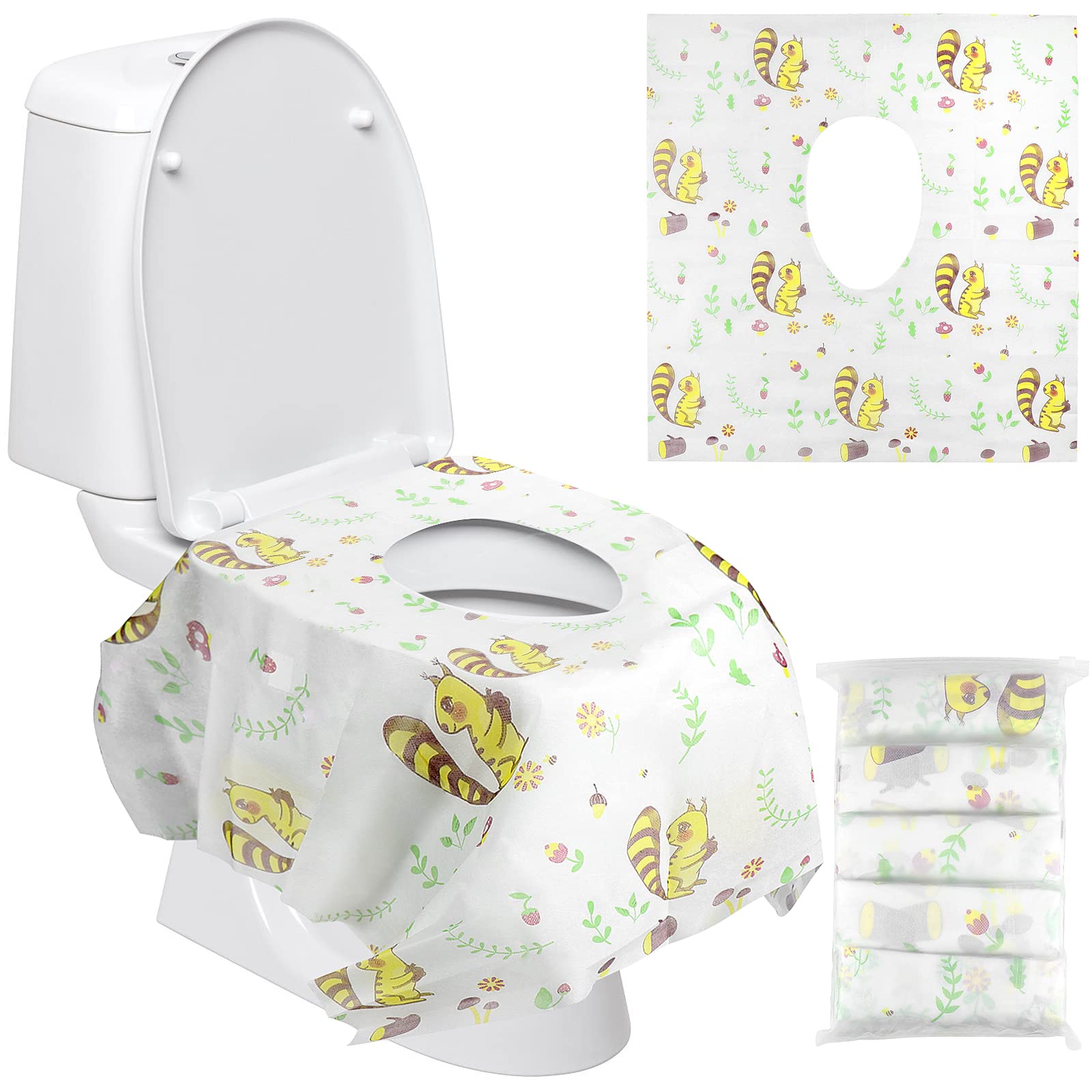 20Pcs Disposable Toilet Seat Covers, Potty Seat Cover Protectors, Extra Large Size, Individually Wrapped, Waterproof for Travel, Toddlers Potty Training in Public Restrooms Hotel Bathroom (Squirrel)