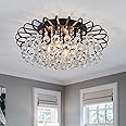 CVKASH Crystal Floral Chandelier 4-Light Antique Modern Black Flush Mount Raindrop Crystal Ceiling Lighting Fixture Chandelier for Living Room Bedroom Dining Room Entryway D17.71 H8.26