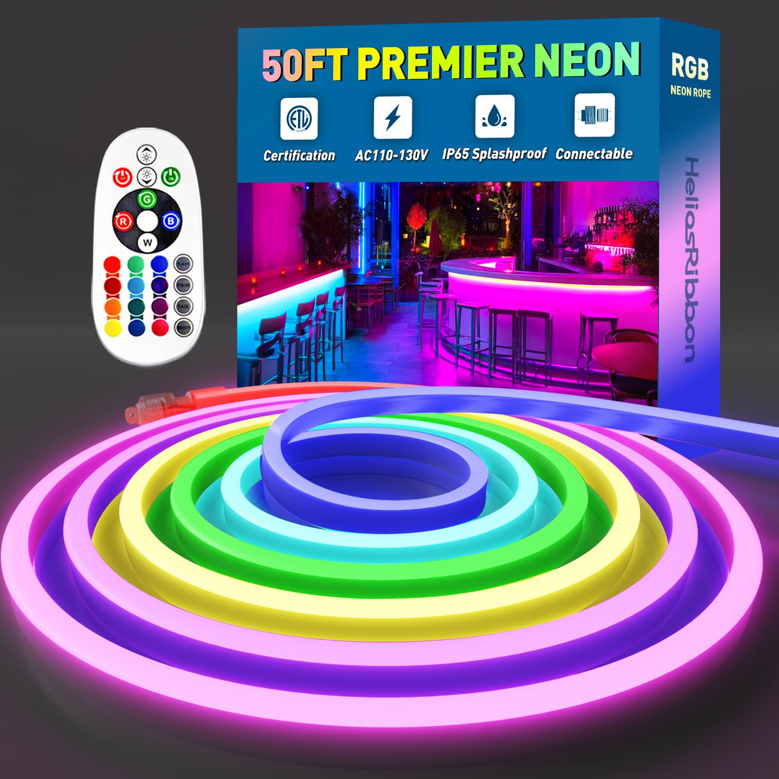 Photo 1 of 50FT RGB LED Neon Rope Lights Remote Control, AC 110-120V Outdoor Color Changing Neon Strip IP65 Waterproof, Connectable and Cuttable, for Home Commercial Festival Contour Ambient Lighting Decor