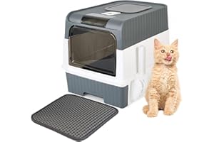 JIA XI Cat Litter Box with Litter Mat, 18"x14"x13" Large Litter Box for Big Cats, Enclosed Removable Litter Boxs, Front Entry Top Exit Kitty Box, Odor Control, Easy to Clean (Grey)