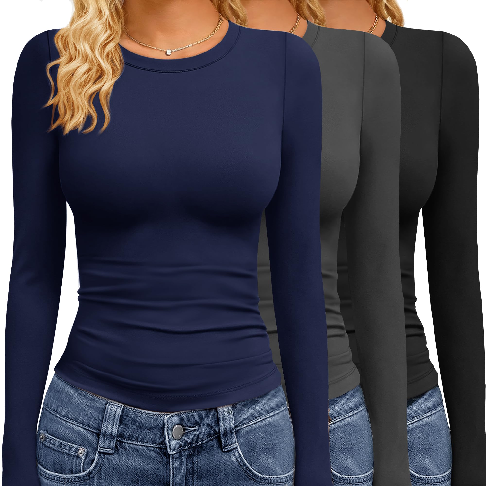 View 1 of **MISSING ONE**
GAYHAY 3 Pack Long Sleeve Shirts for Women Basic Tops Crew Neck Fitted Tight Workout Tees Y2K Clothes Going Out Fashion 2025 Black Grey Navy