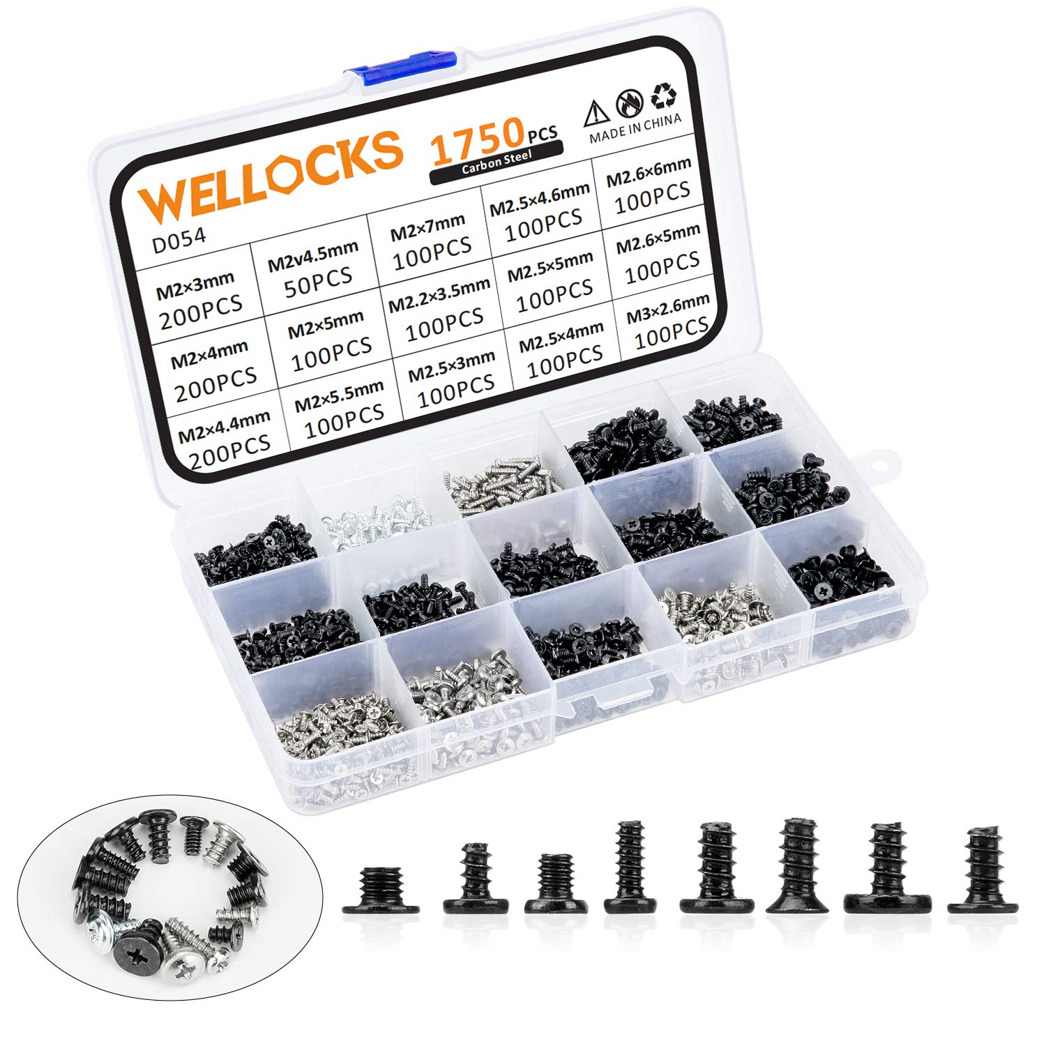 WELLOCKS Mini Screw 1750 PCS M2 M2.2 M2.5 M2.6 M3 High Precision Self-Tapping Screws Micro Screws, Tiny Electronic Screws Assortment Kit Carbon Steel for Mouse and Keyboard Repair (D054)