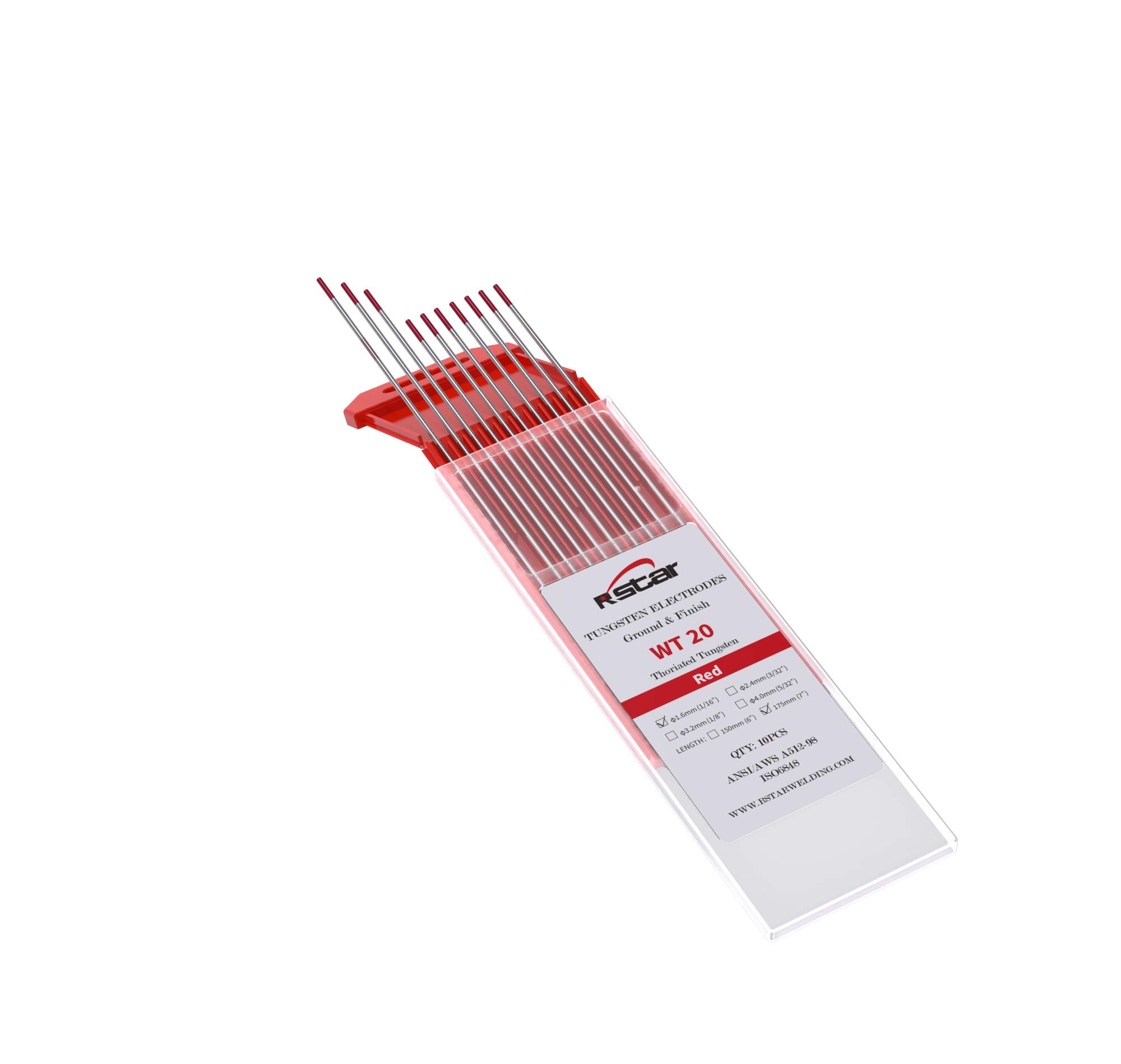 Rstar TIG Welding Tungsten Electrodes 2% Thoriated 1/16โ x 7โ (Red, WT20) 10-Pack