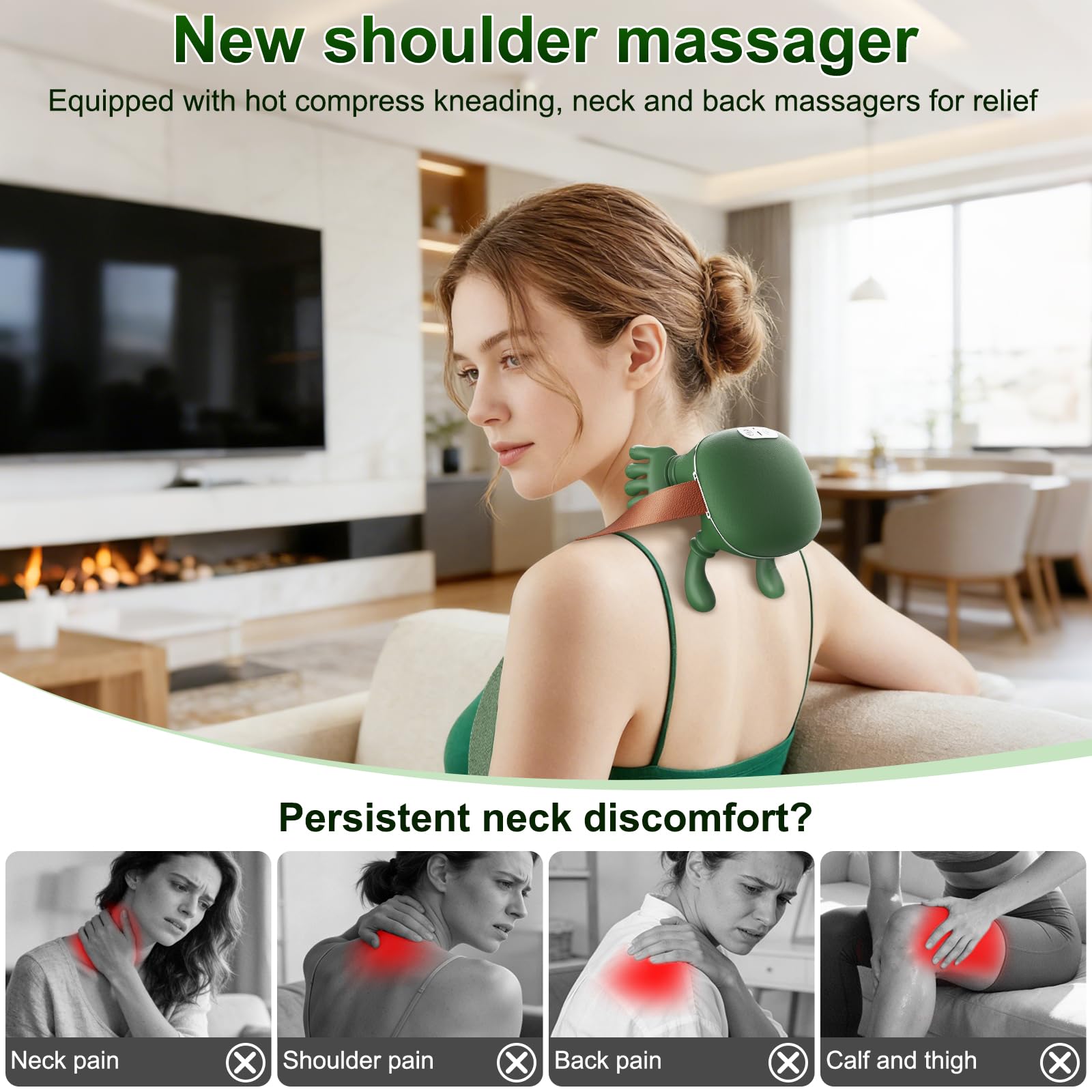 Nooydio Neck Massager, Neck and Back Massager with Heat & 4D Kneading, Shiatsu Deep Tissue Wireless Massager for Shoulder Cervical Pain Relief, Portable Rechargeable for Home Office (Green)