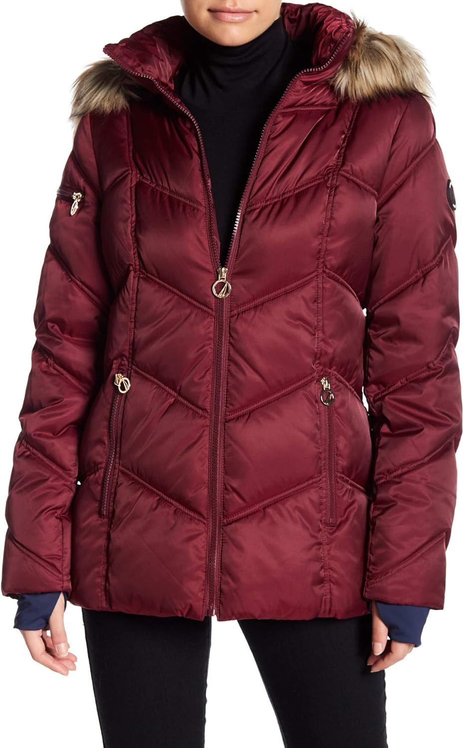 Nautica. Faux Fur Trim Hooded Puffer Coat, Rosewood at Amazon Women's