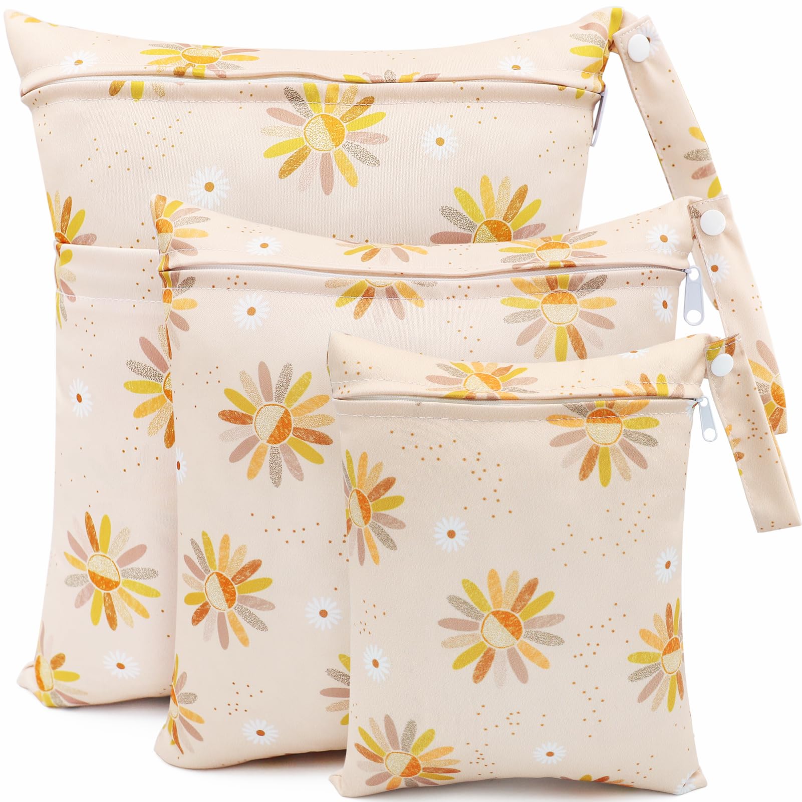 FenFang Baby Wet Bag, Cloth Nappy Bags for Diapers, 3 Pcs Wet Dry Changing Bags Waterproof Storage Bag Organizer Pouches for Daycare Travel Swimming Beach, Washable Reusable Zipper Bag (Yellow Flower) — image 1