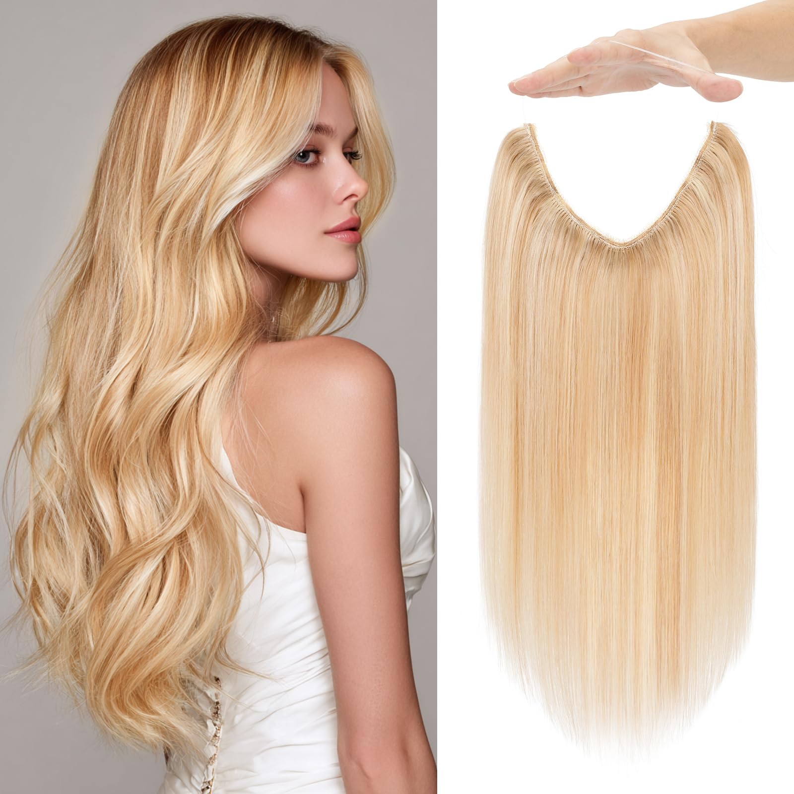 Photo 1 of Charites Halo Hair Extensions Real Human Hair Invisible Wire Extensions with Transparent Fish Line Adjustable Size Ash Blonde & Bleach Blonde 22 inch