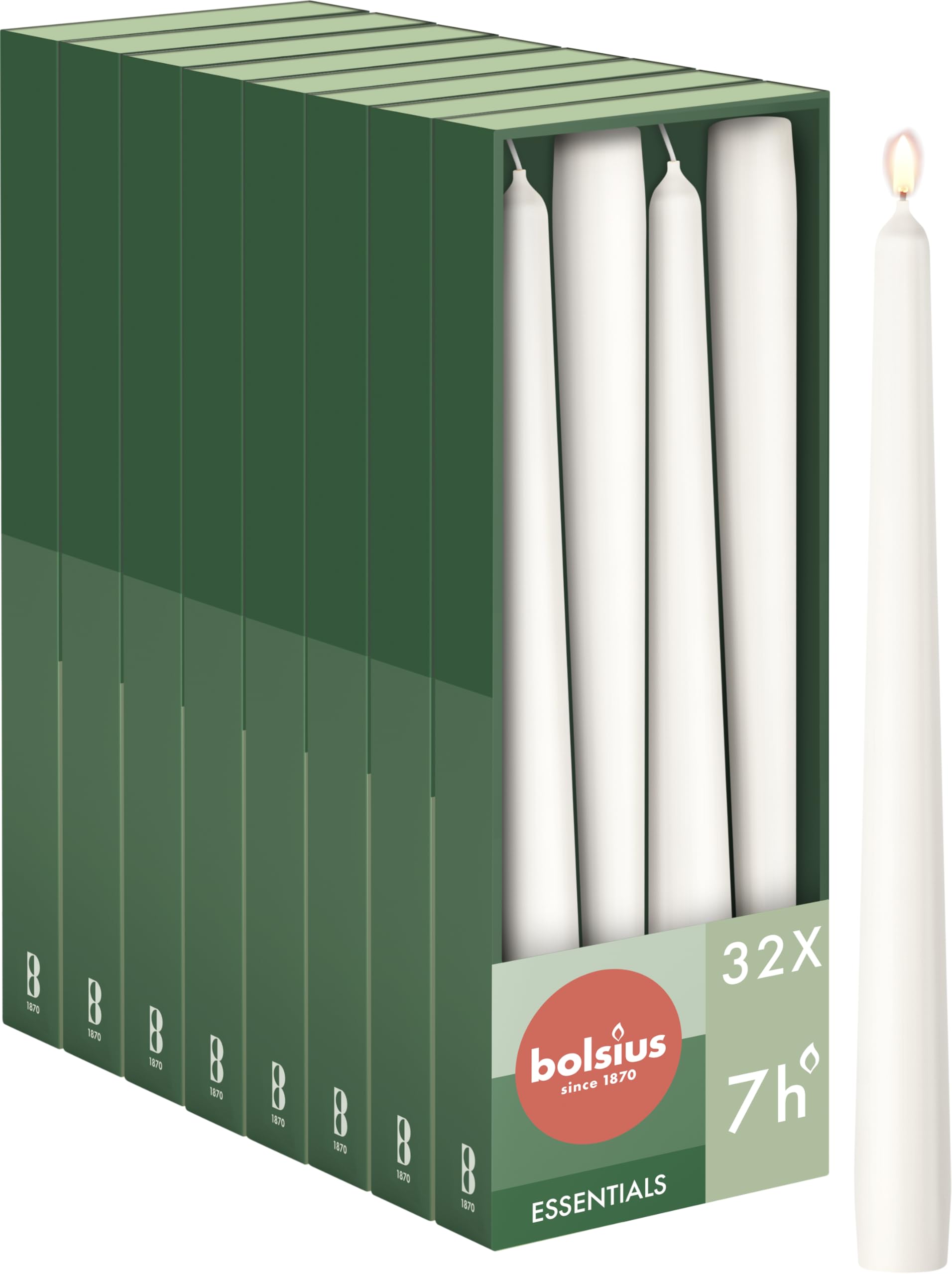 Bolsius Smooth Taper Candles - White - Pack of 32 - Decorative Household Candles - Burning Time 7 Hours - Unscented - Contains Natural Plant Wax - Without Palm Oil - 24.5 cm