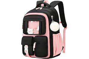 Kawaii Kids Backpack for Girls School, Multi-Pocket Girls Backpack Kids School Bag with Furry Pendant, B552-Black+Pink