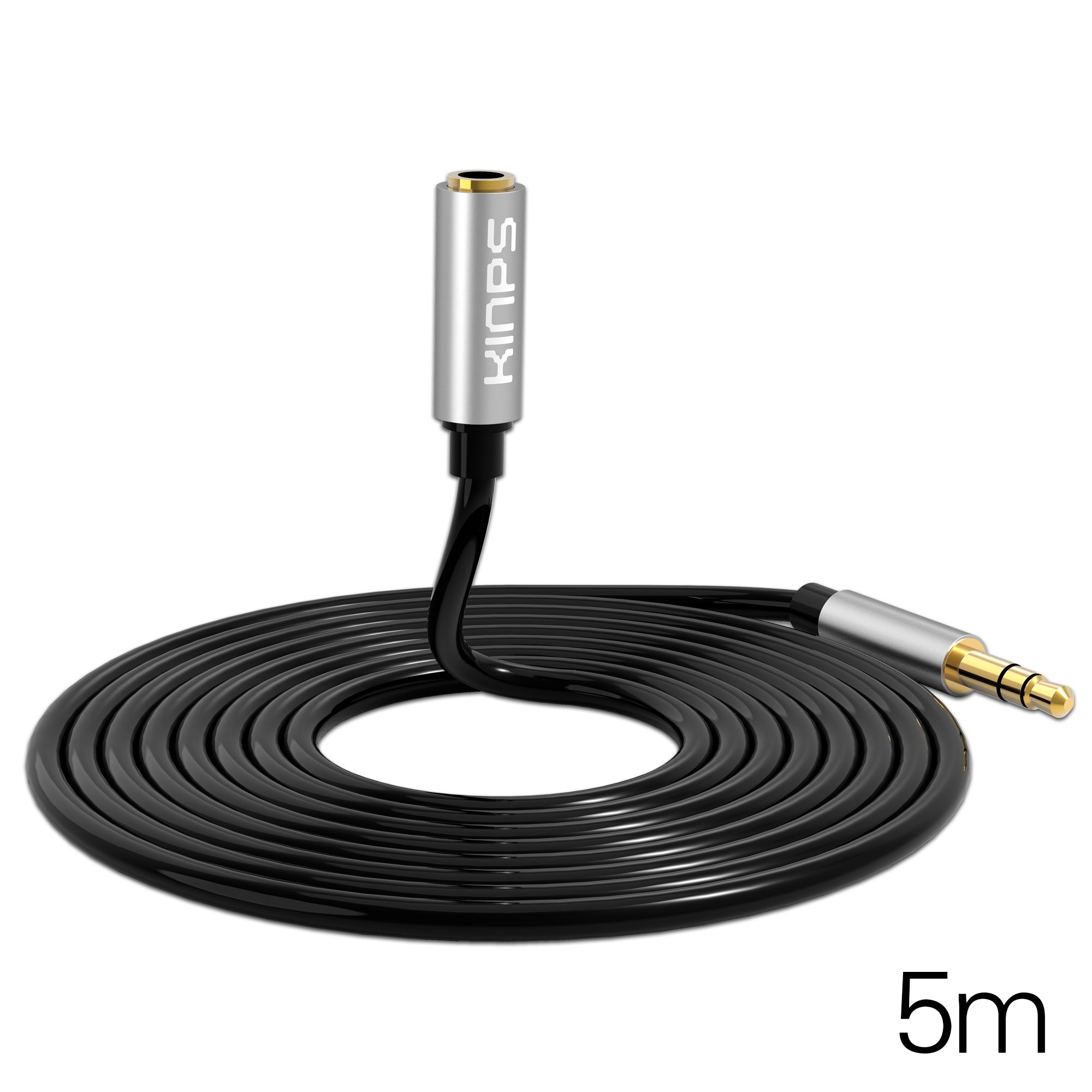 Kinps 5M Audio Auxiliary Stereo Extension Cable 3.5mm Male to Female, Stereo Jack Cord for Phones, Headphones, Speakers, Tablets, PCs, MP3 Players and More (16.6ft/5m, Black)