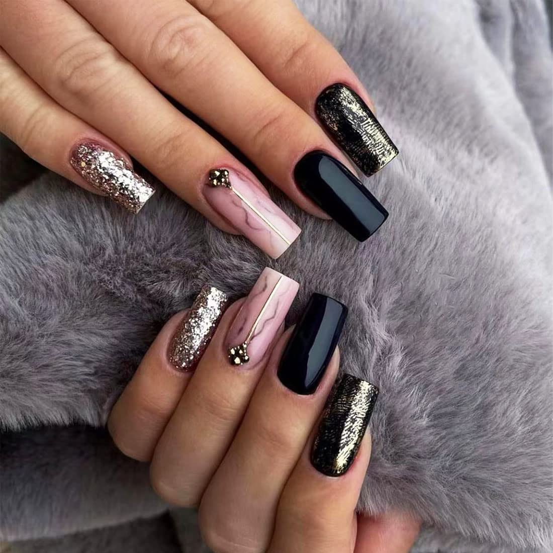 24 PCS Medium Length Fake Nails Marble Fake Nails Pink and Black Fake Nails Rhinestone with Line Design Fake Nails Full-Cover Fake Nails Give to Women & Girls Holiday Gifts — image 1