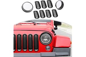 CheroCar for JK Mesh Grille Grill Insert & Headlight Cover Trim Exterior Accessories for Jeep Wrangler JK 2007-2017,Black…