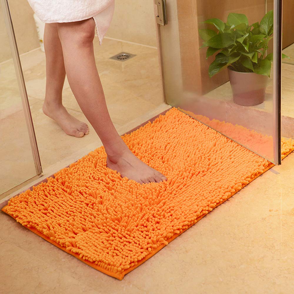 ele ELEOPTION Soft Shag Bath Mat Rug Kitchen Rug Door Way Feet Mat Anti-slip Strip Absorbent Doormat Bathroom Shower Rugs Shaggy Carpet, Orange, 60 x 90 cm