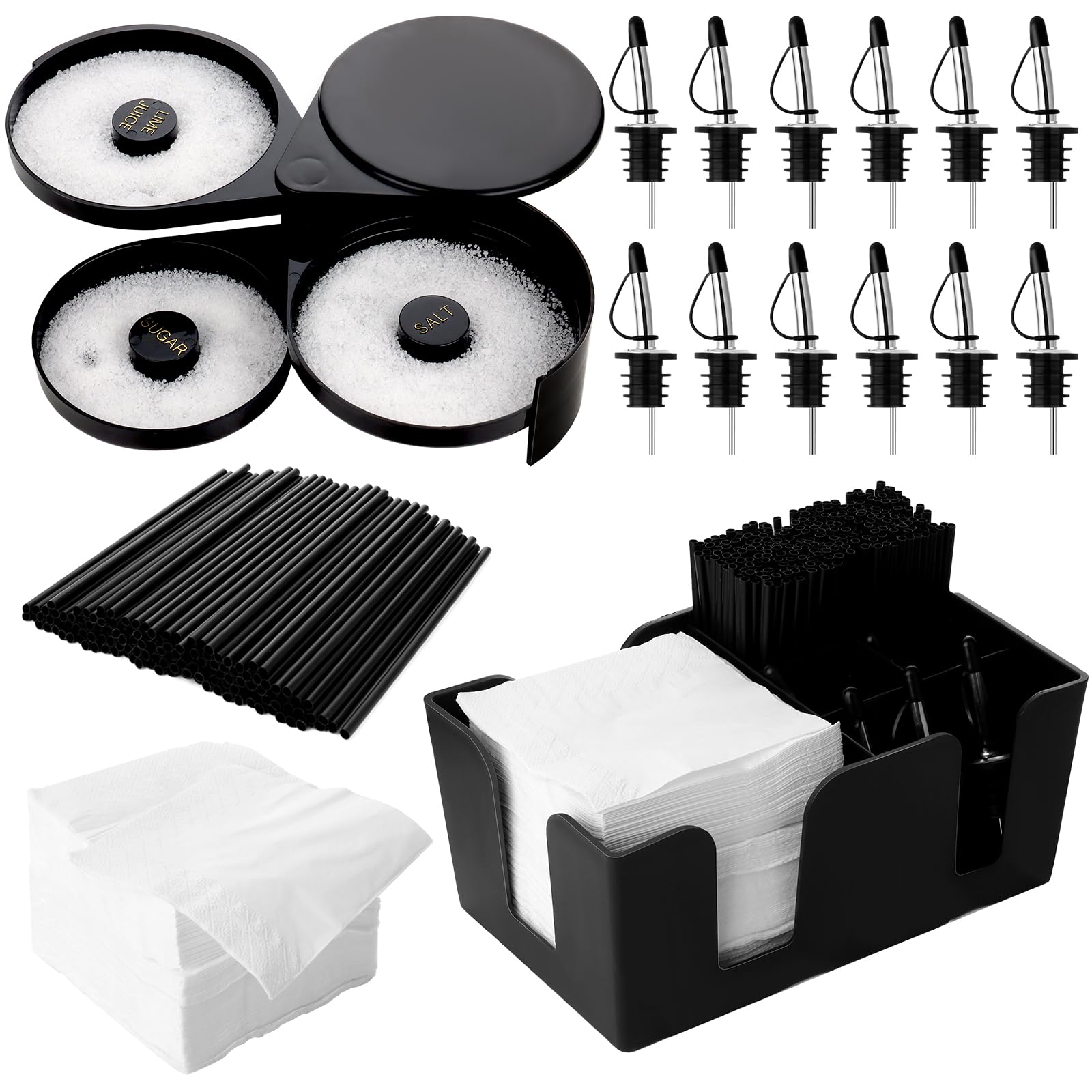 Photo 1 of 3 Tier Bar Glass Rimmer Bartender Tool Accessories with 12 Pcs Stainless Steel Liquor Pour Spout Garnish Caddy with 6 Compartment and 200 Pcs Napkin,500 Black Cocktail Straws