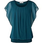 BAISHENGGT Womens Summer Tops Flutter Short Sleeve Pleated Front Mesh Shirts Dressy Casual Blouses