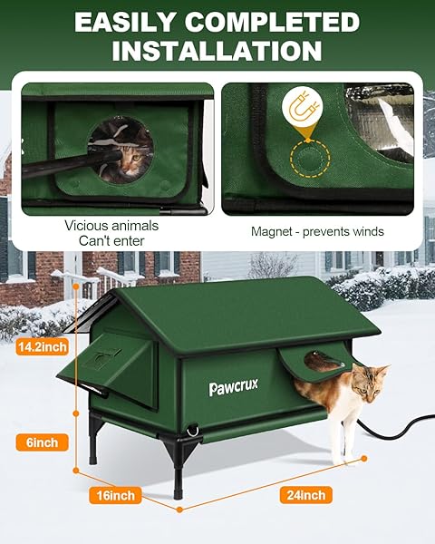 100% WATERPROOF HEATED CAT HOUSE FOR OUTDOOR CAT WITH SAFE ESCAPE DOOR, CAT BED WEATHERPROOF CAT SHELTER KITTY WITH CAT HEATING PAD, INSULATED WARM HOUSE FOR FERAL CAT(GREEN, 24″X16″X20.2″)