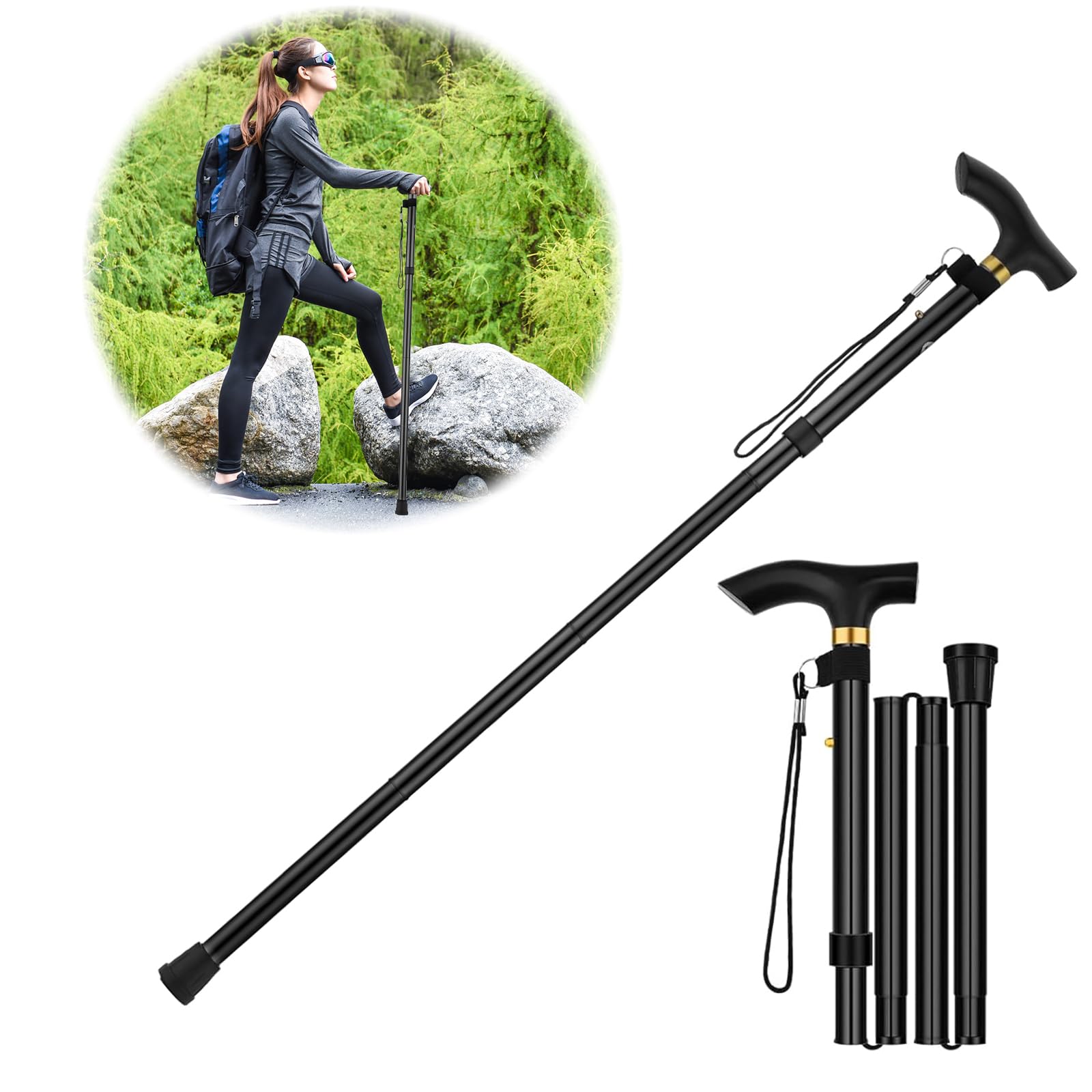 GUOYOU Walking Stick Extendable Folding Aluminium Walking Cane Adjustable Mobility Aids Walking Stick for Seniors Disabled Ladies Men Outdoor Accessories Height 95cm Approx (Black)