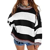 CITASHION Women's Fall Long Sleeve Sweaters Striped Color Block Chunky Knit Crew Neck Oversized Loose Pullover Sweater