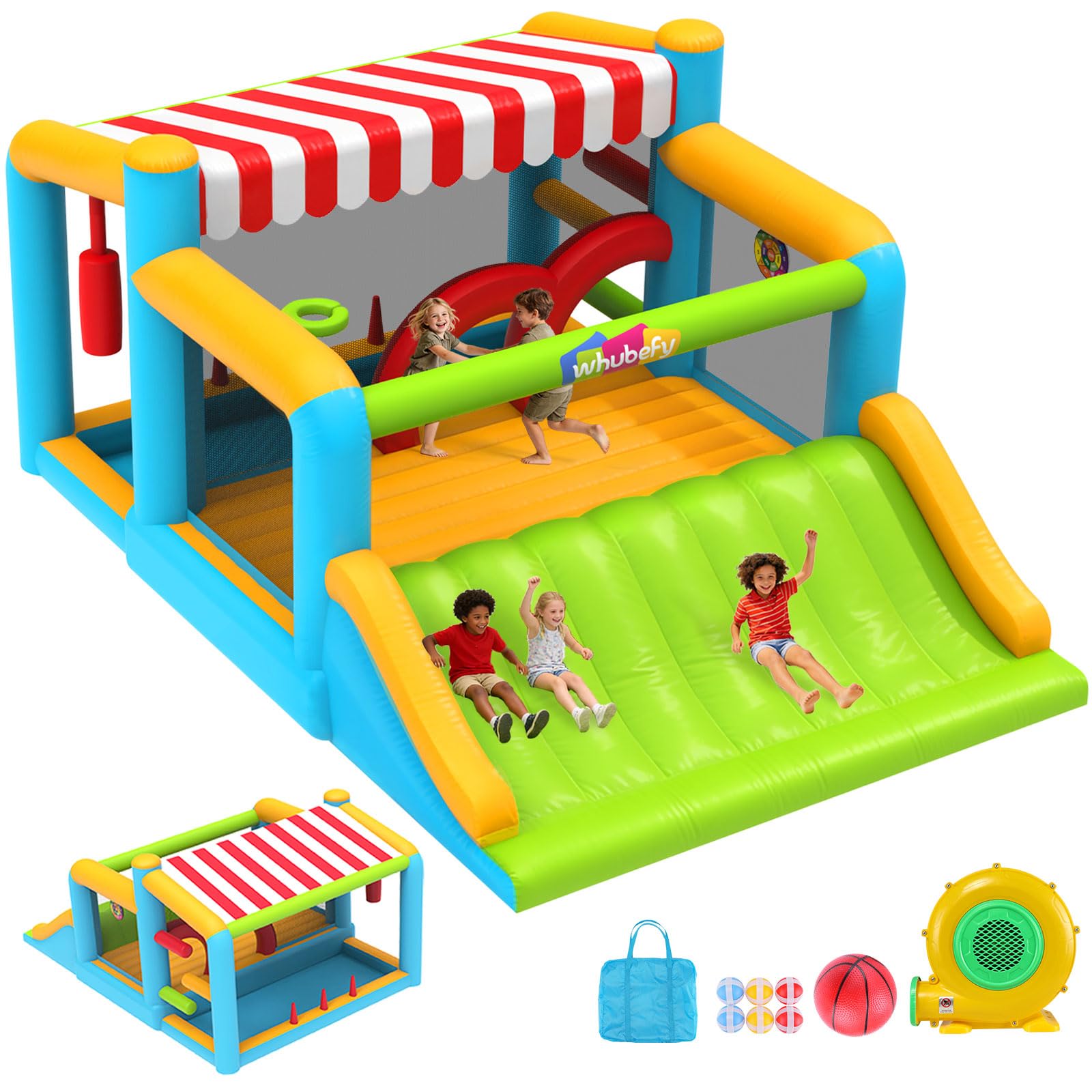 Whubefy Large Bounce House for Big Kids 8-12, 16x11.5FT Kid 3-6 Inflatable Obstacle Course w/XXL Slide, Jump Zone, Water Pool, Obstacle Bars, Ring Toss, 750W Blower, Outdoor Bouncy Castle Holds 6 Kids