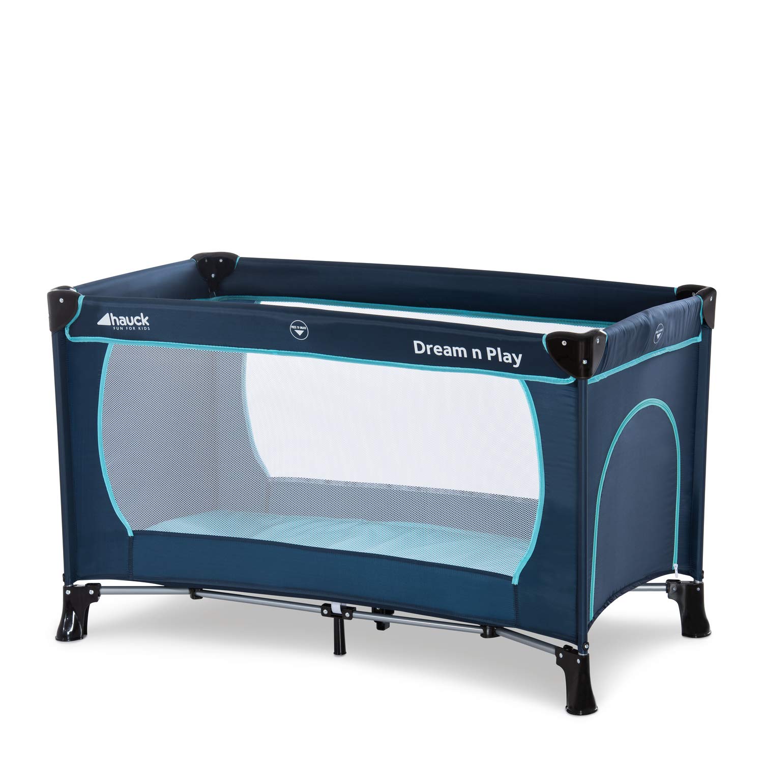 Hauck Dream’n Play Plus, Reisebett 3-teilig 120 x 60 cm, ab Geburt bis 15 kg, inkl. Tragetasche und Schlupf (faltbar, tragbar, leicht & kippsicher), blau