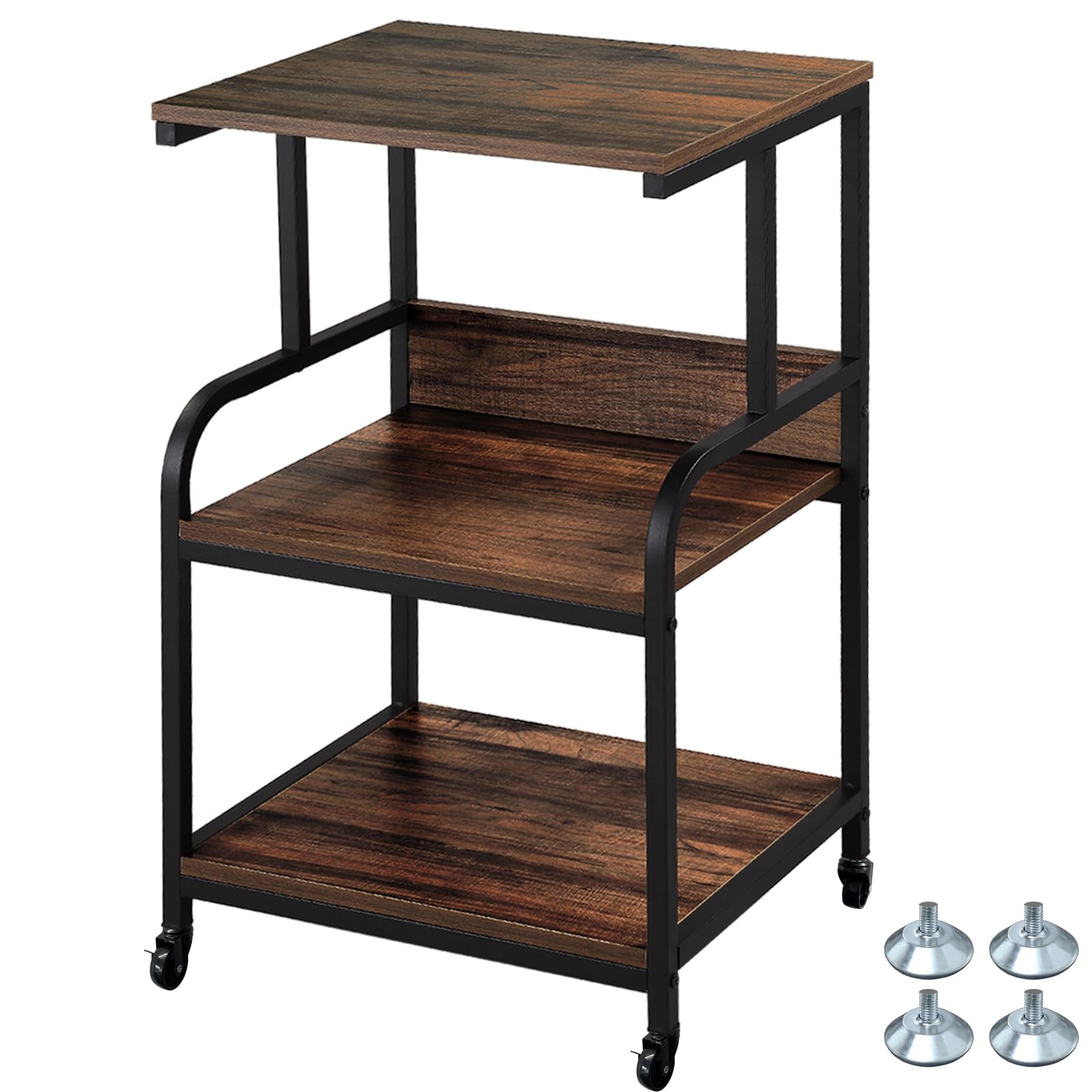 3-Tier Mobile Printer Stand on Wheels with Storage Shelves Industrial Style Machine Cart Organizer Table for Office and Home Rustic Brown Wood and Black Metal Finished