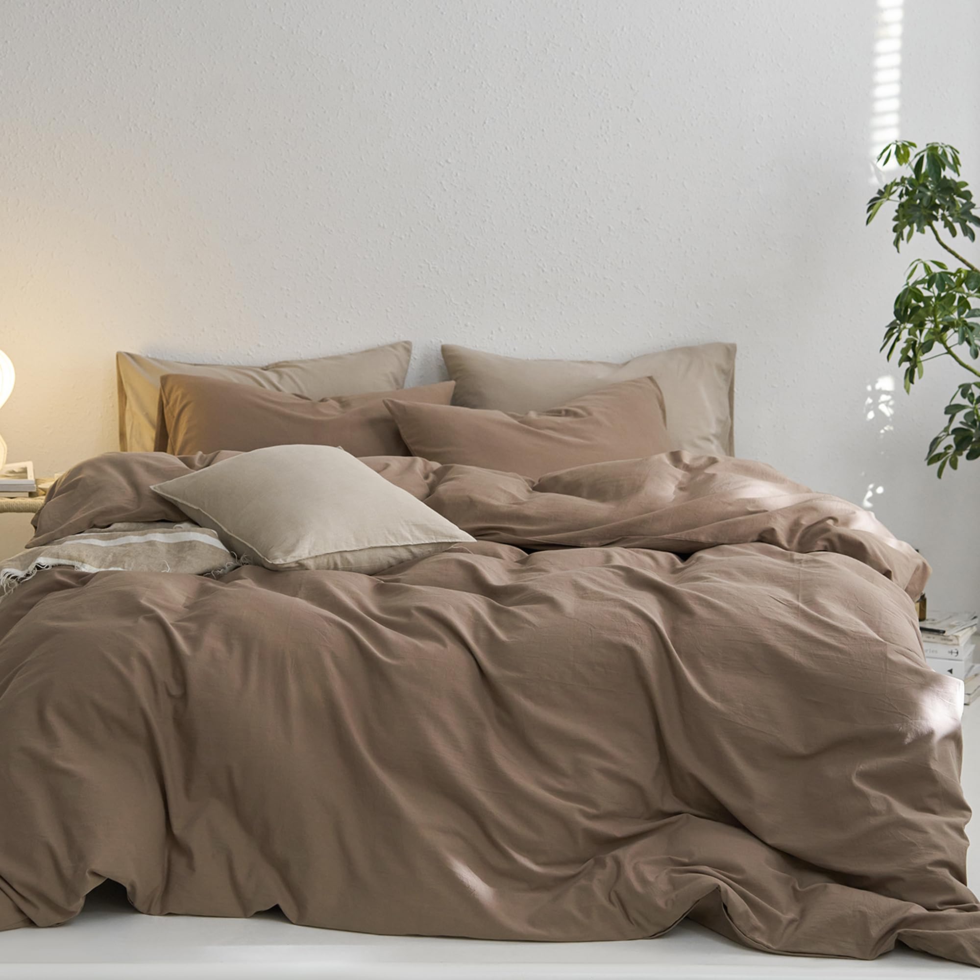 Photo 1 of MooMee Queen Duvet Cover Set, 100% Washed Cotton Linen Like Twill Thick Sturdy Material Super Soft Breathable Durable Bedding for All Season, 3 Pieces (Bombay Brown, Queen 90"x90")