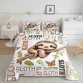 Feelyou Cute Sloth Bedding Set Twin Size Cartoon Animal Comforter Set for Kids Boys Girls Brown Duvet Set Kawaii Butterfly Quilt Set 2Pcs
