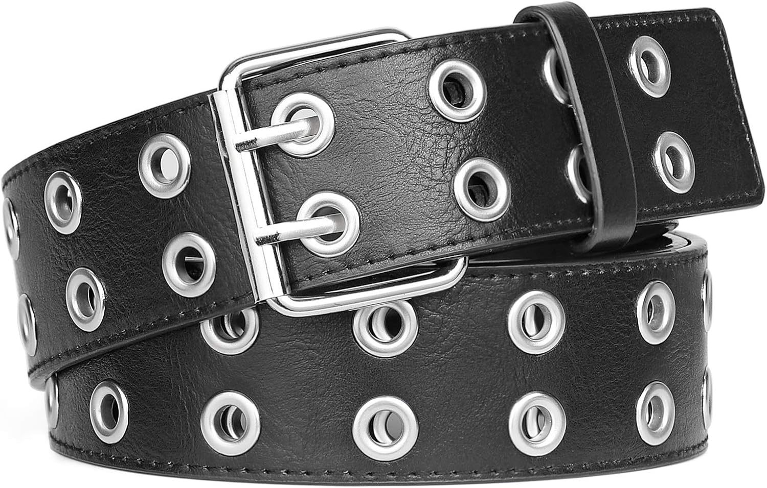 Double Grommet PU Leather Belt for Women Men Fashion Black Punk Rock