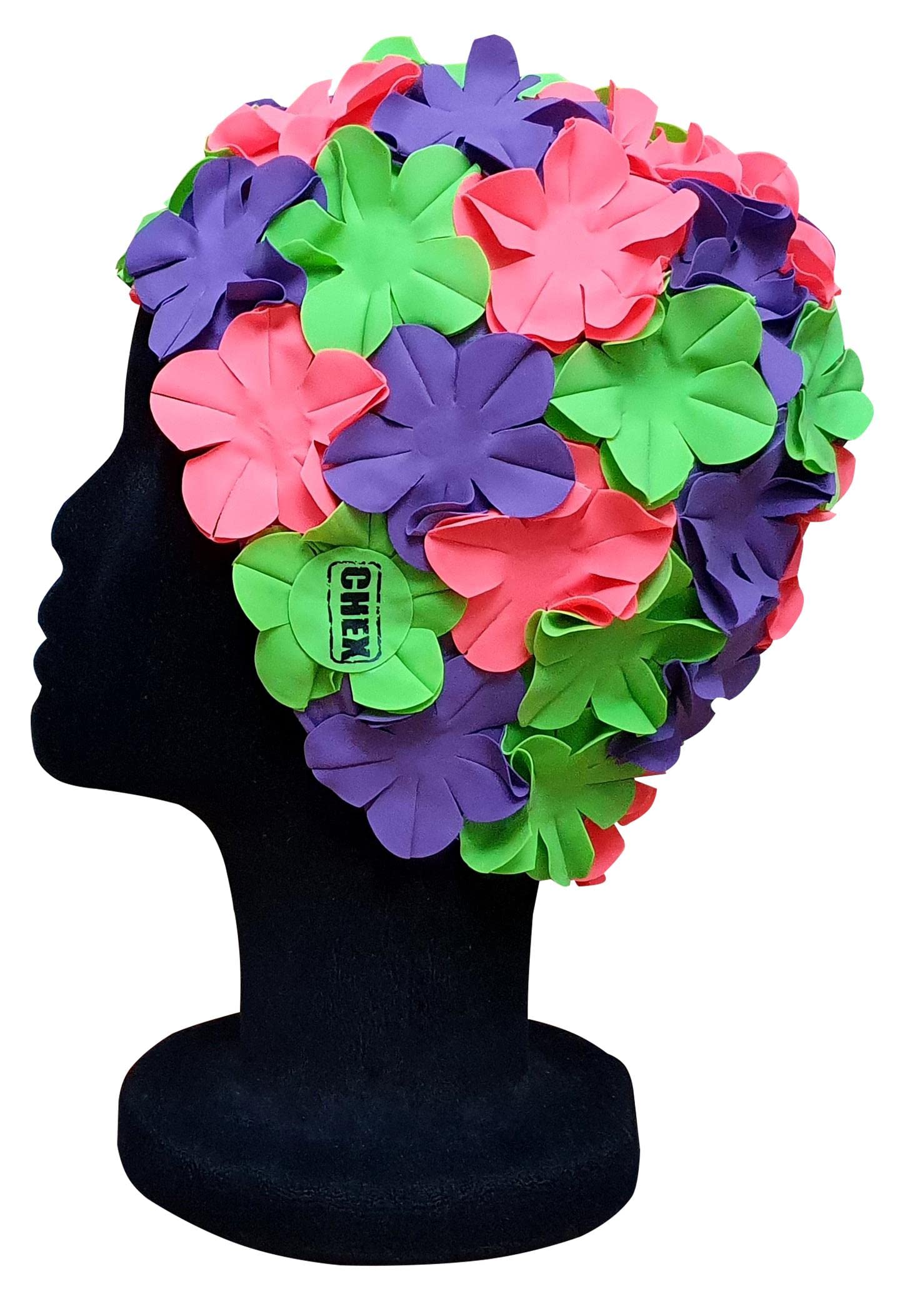 CHEX Anzio Thermal Rubber Floral Ladies Classic Retro 3D Flower Petal 3 Colour Stunning Vintage Style Swimming Hat Swim Cap Generous One Size Adults (Emerald Green/Hot Pink/Purple)
