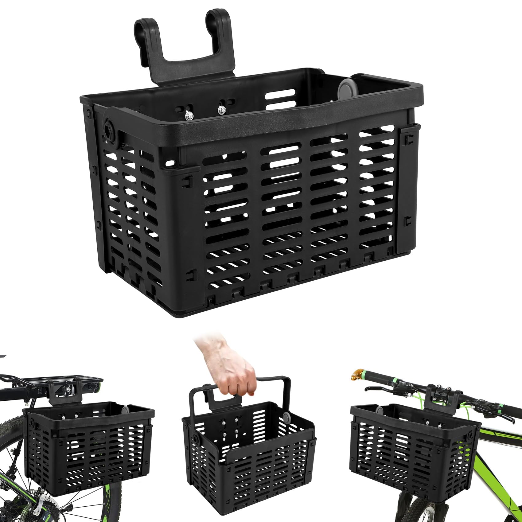 Asyduey Universal Bike Basket, Black, 31.5 x 22.5 x 20.5cm, Polypropylene, Handlebar/Rack Mount, 5kg Load Capacity