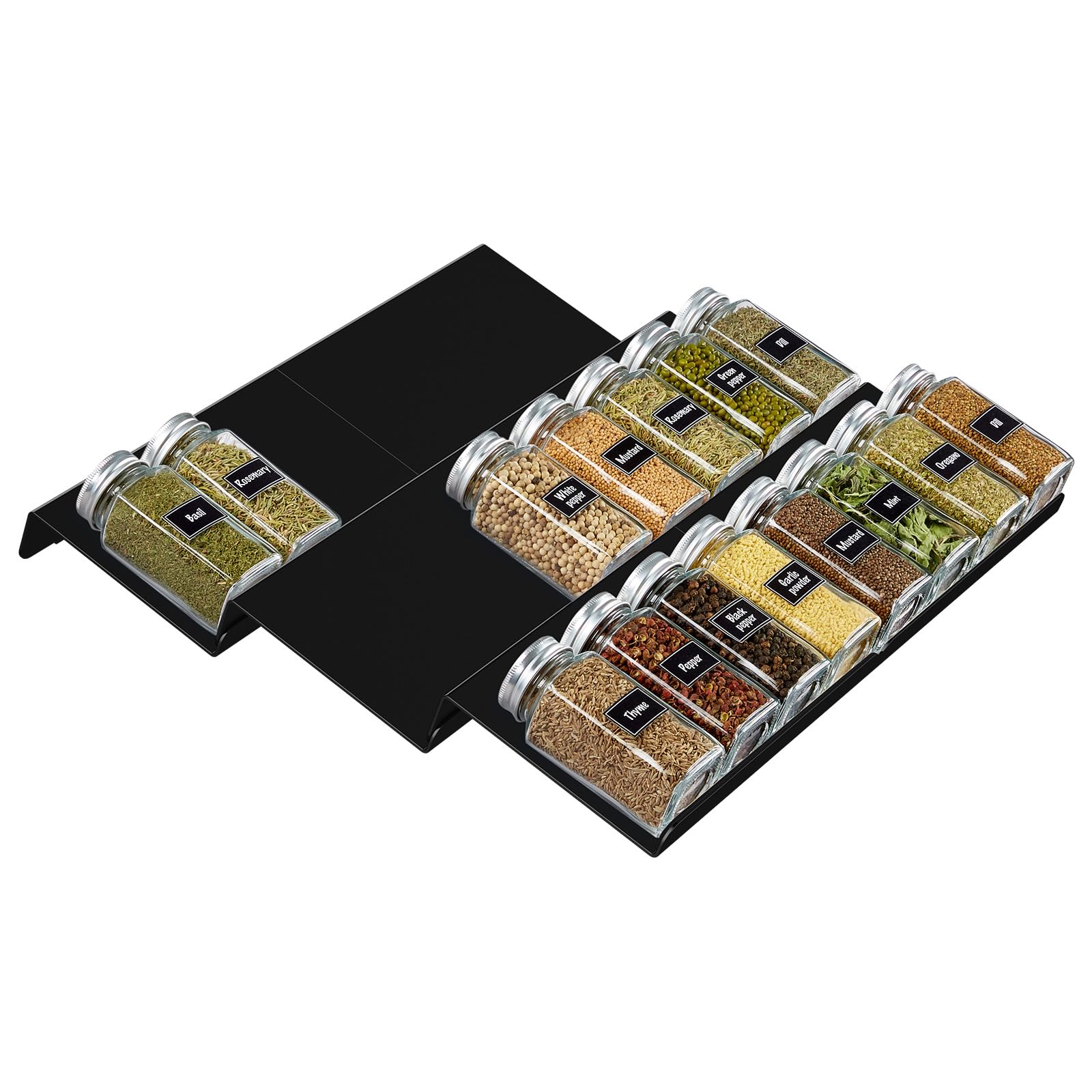 Lifewit Spice Drawer Organiser, Spice Rack for Inside Drawer, Adjustable Seasoning Jars Storage Tray for Cupboard, 24 Acrylic Drawers Shelf for Kitchen, Countertop, Cabinet, 3 Tiers, Set of 6, Black