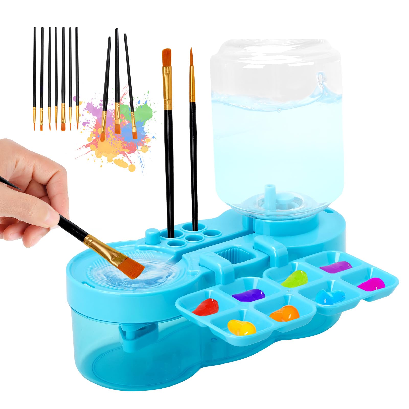 Foyucool Paint Brush Rinser, with 10 Brushes, Water Cycle Paint Brush Cleaner with Brush Holder and Palette, Washing Tool, for Acrylic, Watercolor and Water Based, Blue