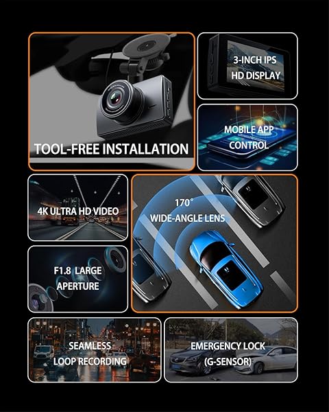 DASH CAM FRONT AND REAR, DASH CAMERA FOR CARS 4K+1080, DASHCAM BUILT-IN WIFI, APP CONTROL, 32GB CARD INCLUDED, 3″ IPS TOUCH SCREEN, 24H PARKING MONITOR, NIGHT VISION, G-SENSOR