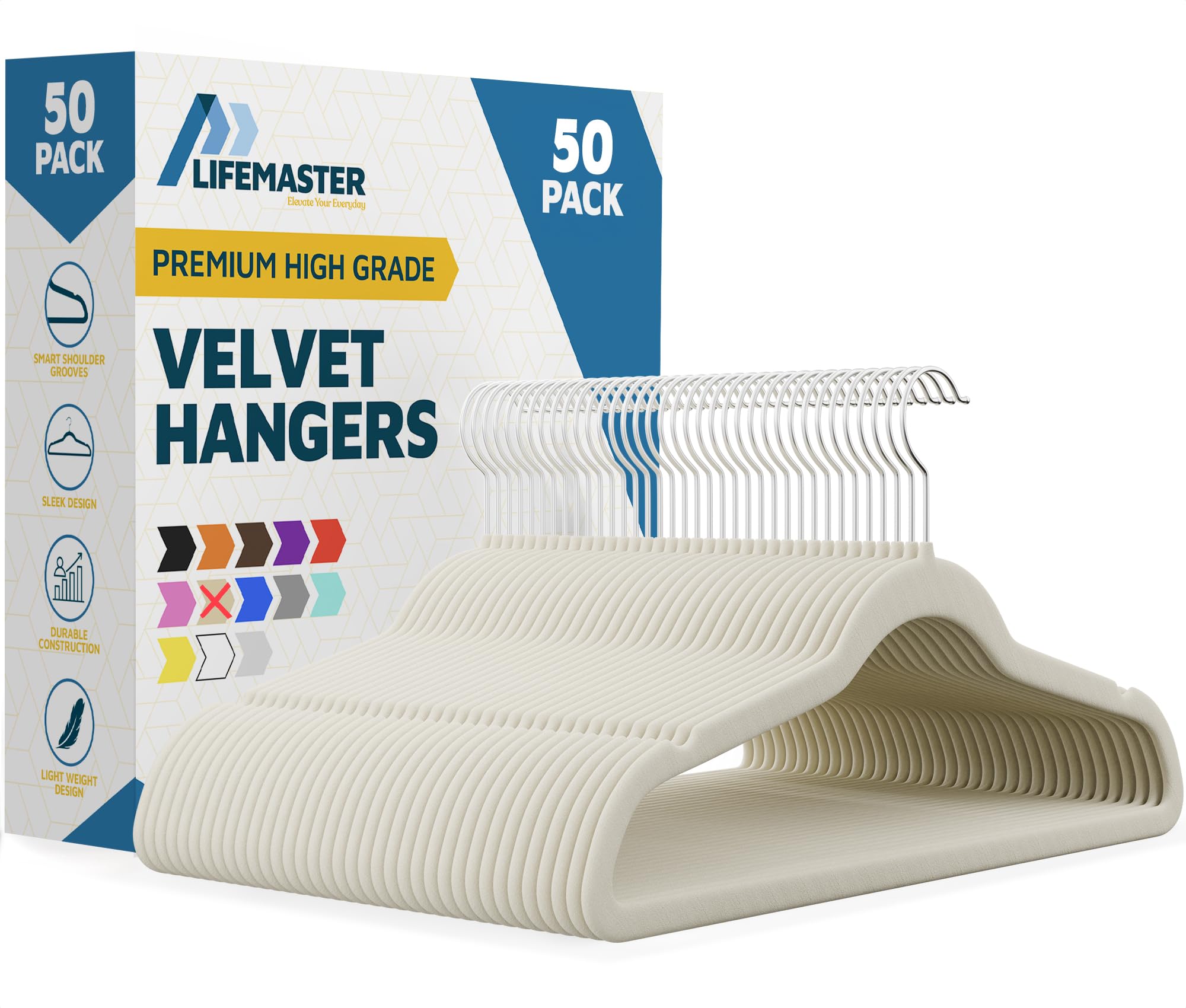 Lifemaster Velvet Non-Slip Hangers - 50 Pieces Non-slip Coat Hanger Set with 360° Swivel Hook, Space-Saving, Sleek Design, Keep Closet Organized, Smooth Velvet Finish, Lightweight Construction - Ivory Image