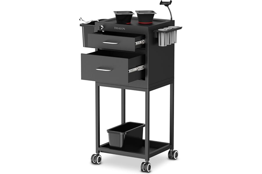 TASALON Salon Trolley Cart with Wheels, 2 Magnetic Bowls & Drawers | Mobile Hair Stylist Station for Tools Storage, Rolling Organizer Cart for Barber & Tattoo Supplies – Balck