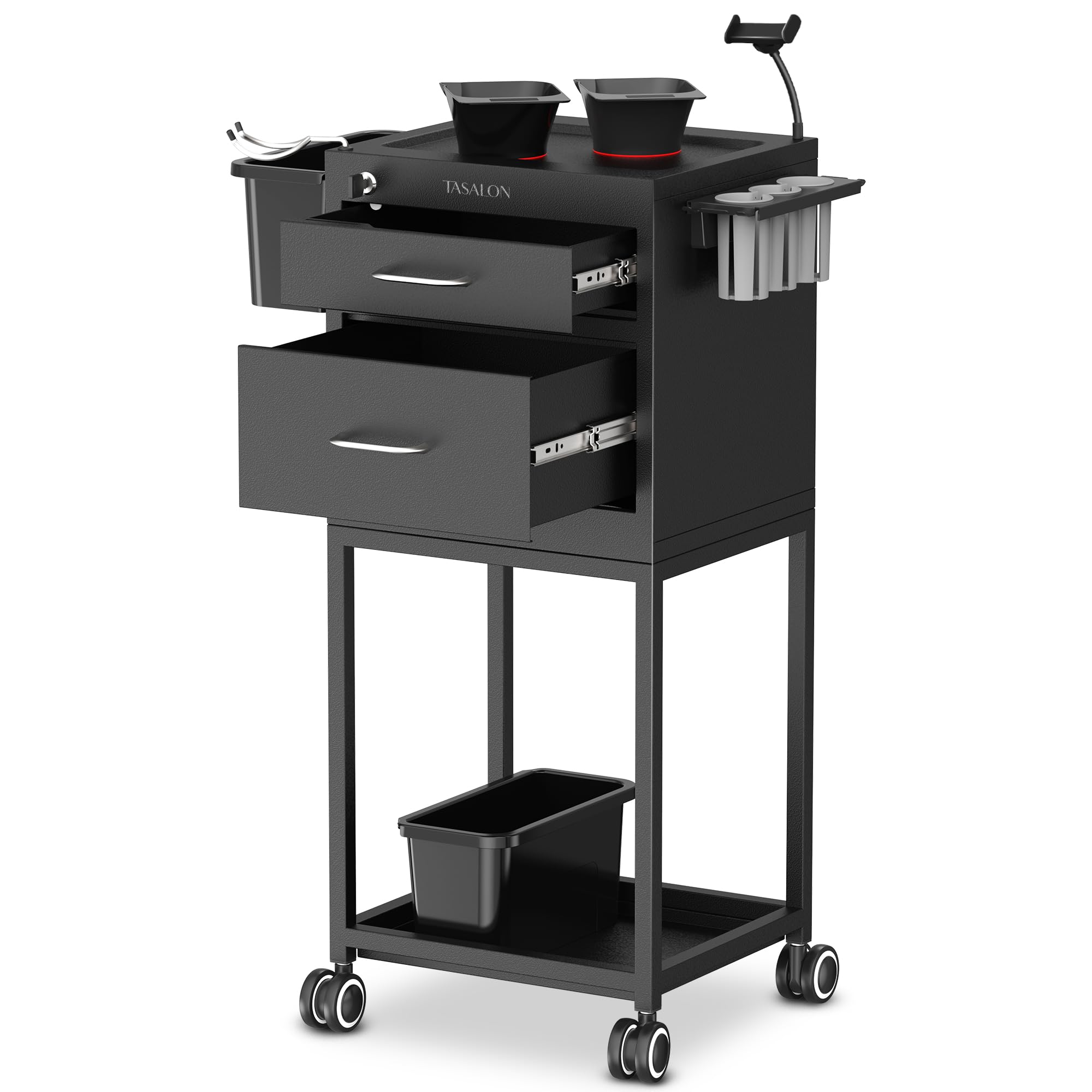 Photo 1 of TASALON Salon Trolley Cart with Wheels, 2 Magnetic Bowls & Drawers | Mobile Hair Stylist Station for Tools Storage, Rolling Organizer Cart for Barber & Tattoo Supplies? - Balck