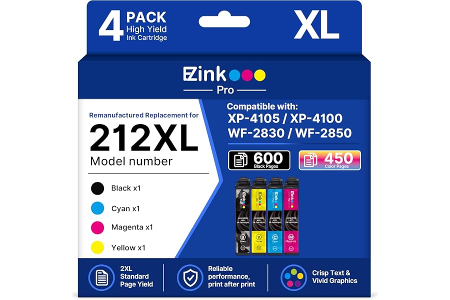 Remanufactured Ink Replacement for Epson 212 Ink Cartridges Combo Pack | Replacement for 212XL Ink Cartridges Combo Pack 4 for Epson Printer XP-4100 XP-4105 WF-2830 WF-2850 (4 Packs)