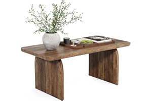 LITTLE TREE 47 Inches Large Coffee Table, Rectangular Living Room Table with Rounded Corners, Rustic Brown Wooden Coffee Tabl