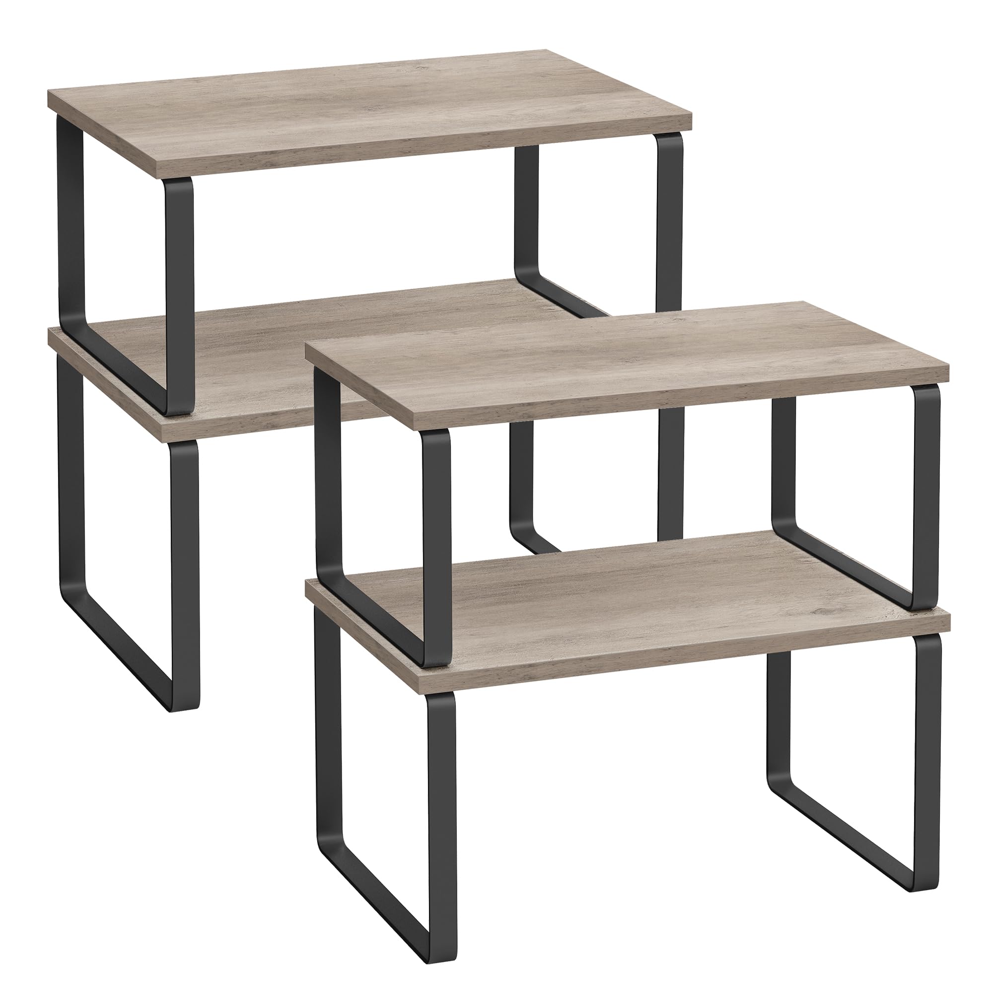 SONGMICS Cabinet Organizer Shelf, Set of 4 Kitchen Counter Shelves, Kitchen Storage, Spice Rack, Stackable, Expandable, Metal and Engineered Wood, Ink Black and Heather Greige UKCS021X02 Image