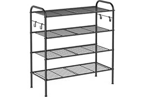 SONGMICS Shoe Rack, 4-Tier Shoe Organizer, Metal Shoe Shelf Storage with 4 Side Hooks, Holds 16 Pairs of Shoes, Height-Adjust