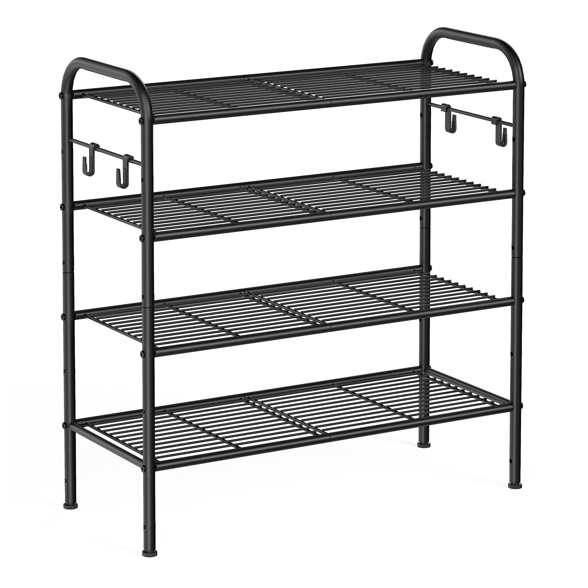 SONGMICS Shoe Rack, 4-Tier Shoe Organizer, Metal Shoe Shelf Storage with 4 Side Hooks, Holds 16 Pairs of Shoes, Height-Adjustable Shoe Rack for Entryway, Hallway, Closet, Easy Assembly, Ink Black Image