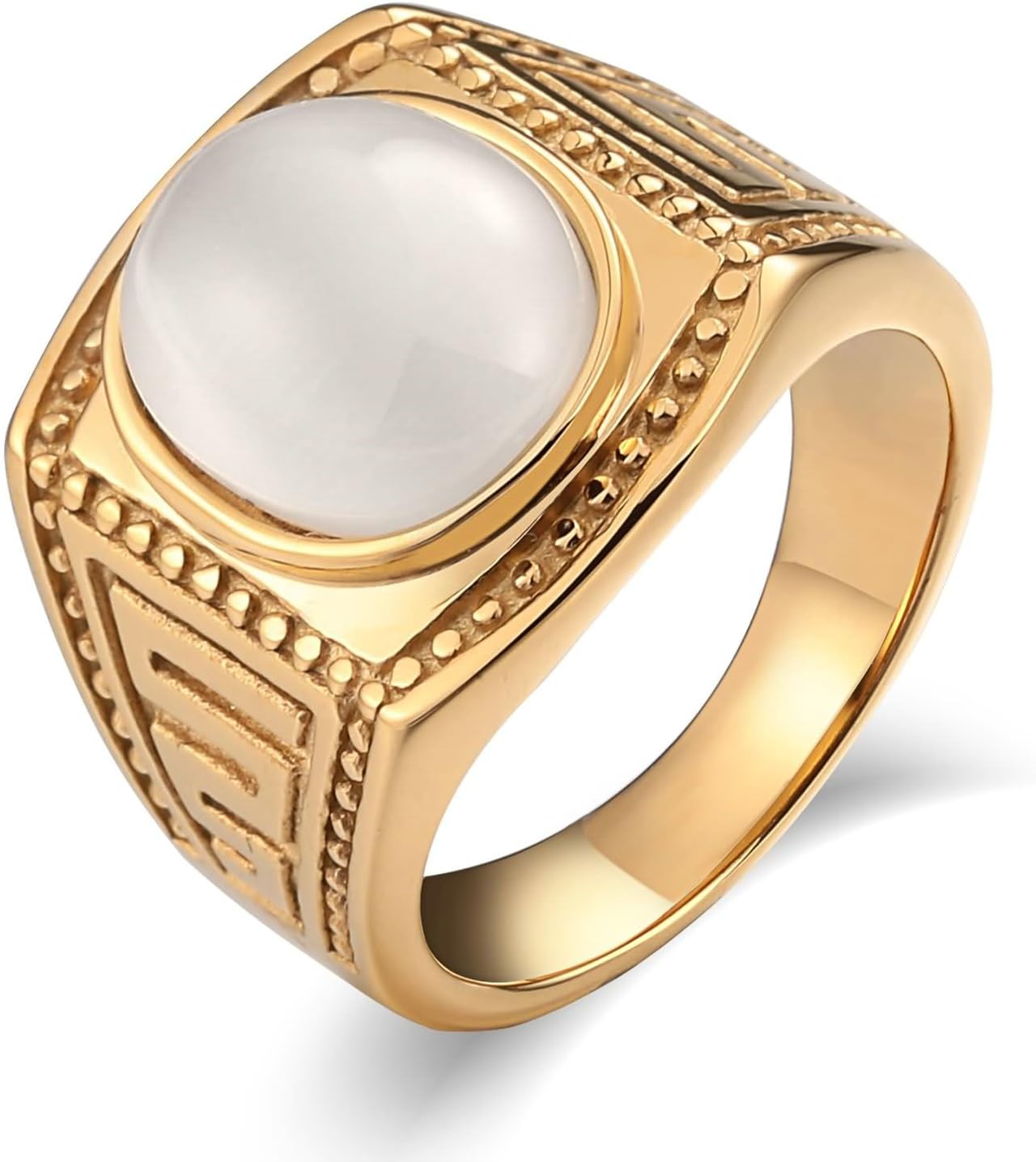Amody Stainless Steel Signet Rings Punk Bands Oval White Green Opal Ring for Mens