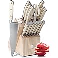 Styled Settings White Knife Set with Block and Sharpener – 14-Piece Ultra-Sharp High Carbon Stainless Steel Knives with Gold Triple Rivet White Handles and Ashwood Knife Block